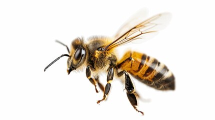 Stunning Bee in Flight Isolated on White Background, Macro View of Incredible Pollinator, AI-Generated 4K High-Definition Wallpaper for Zoology Books, Children's Storybooks, and Animal World Explorati