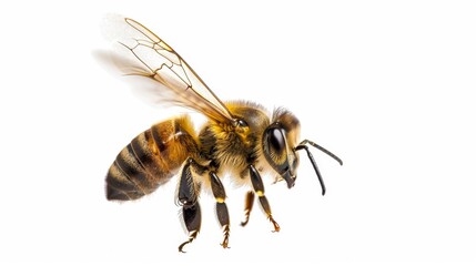 Fototapeta premium Stunning Bee in Flight Isolated on White Background, Macro View of Incredible Pollinator, AI-Generated 4K High-Definition Wallpaper for Zoology Books, Children's Storybooks, and Animal World Explorati