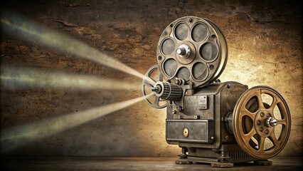 Fototapeta premium Old film projector casting dramatic lighting on a vintage screen, vintage, projector, film, old, retro, classic