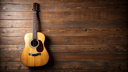 Naklejka premium Background with guitar on wooden surface, music, instrument, acoustic, strings, hobby, musician, artist, vintage
