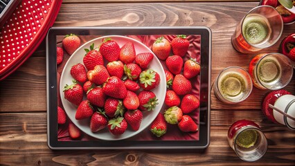 Strawberries and champagne served on a platter, next to a Wimbledon tennis match live stream on a tablet, Wimbledon