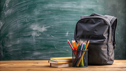 Black school backpack filled with stationery on wooden desk in classroom with chalkboard in background, school