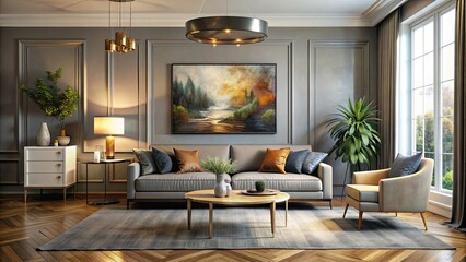 Detailed render of a stylish living room showcasing an artistic painting, artistic, painting
