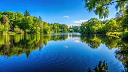 Obraz premium A calming background of a serene lake surrounded by lush green trees and a clear blue sky , background, serene, lake, trees, green