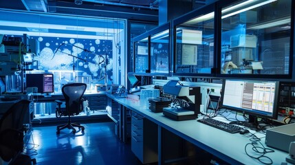 An innovative lab focusing on nanotechnology, with researchers manipulating tiny particles. The room is filled with specialized instruments and computer screens.