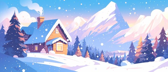 Naklejka premium Cute cartoon landscape with a cozy cabin, pine trees and snowy mountains, minimalist backgrounds, simple and colorful illustrations
