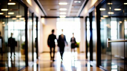 Fototapeta premium Corporate Office Hallway Blur - A blurred view of a corporate office hallway with doors and lights. 