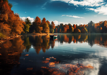 Paddle boat on a still lake.