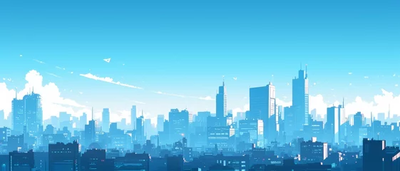 Rolgordijnen Kinderkamer Cute cartoon landscape of a bustling city skyline and skyscrapers, minimalist backgrounds, simple and colorful illustrations  © fourtakig
