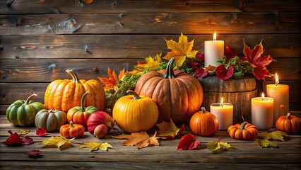 A collection of pumpkins, gourds, colorful leaves, and candles arranged on a rustic wooden table, Autumn, still life