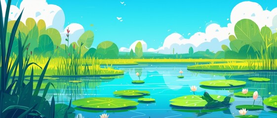 Fototapeta premium Cute cartoon landscape with a serene lake, lily pads and reeds, minimalist backgrounds, simple and colorful illustrations