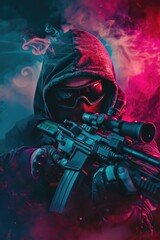 Man with rifle and hoodie