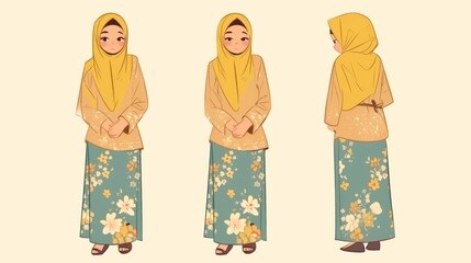 Cute cartoon Full body studio portrait of a Malaysian woman in a baju kurung with floral patterns illustrations