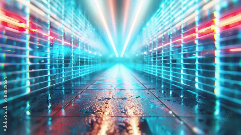 Poster futuristic digital corridor with neon lights and abstract patterns for contemporary design presentat