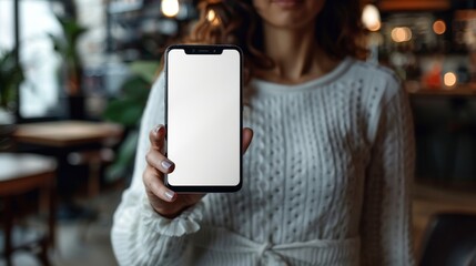 Woman hands using mobile smart phone with empty screen on street with bokeh background,looks into a smartphone with a map app for navigation,gps,copy space.