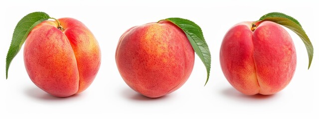  Three peaches, each topped and tailed by a green leaf