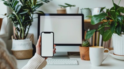 Fototapeta premium Closeup image of a woman relaxes sitting in the cafe and coffee cup ,using her smartphone,smartphone white screen mockup for display your graphic banner,copy space.