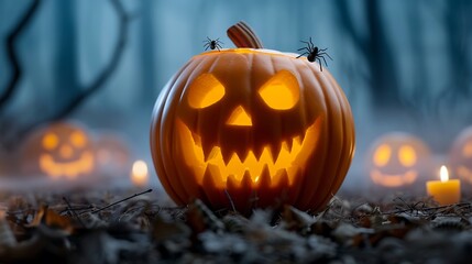 Intricately Carved Jack-O-Lantern in Spooky Forest