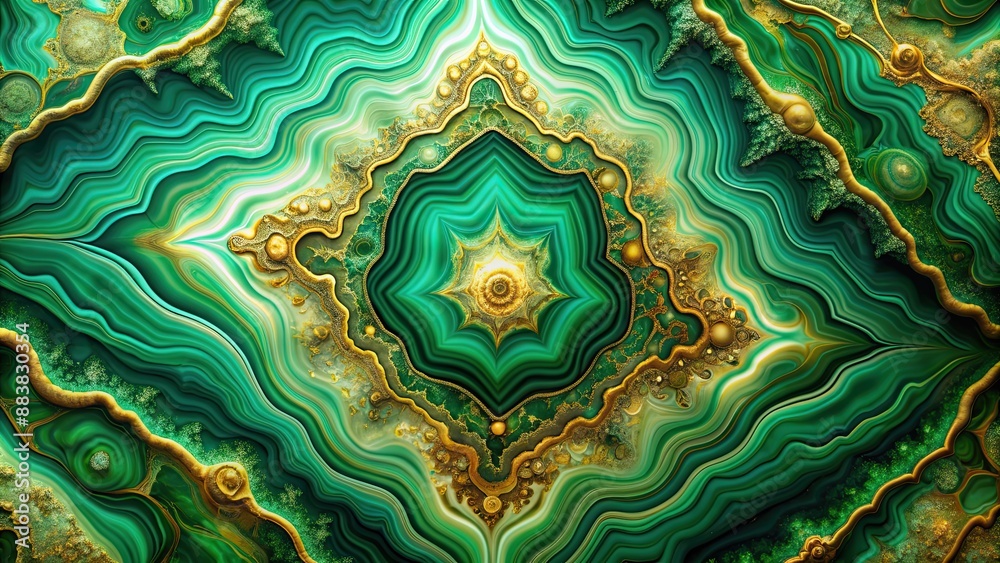 Poster Abstract fractal background resembling green agate stone with gold veins, fractal, abstract, background, green, agate stone