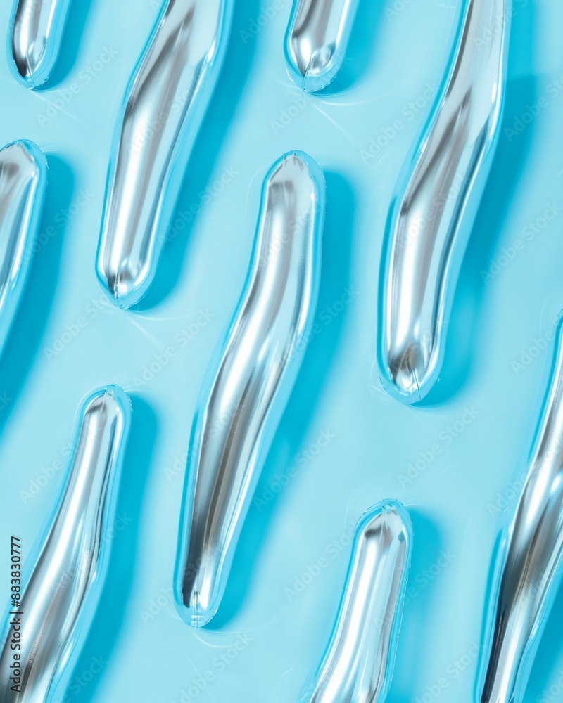 Poster futuristic silver bodysuits on soft blue background depicting a pattern of repetition and contrast f