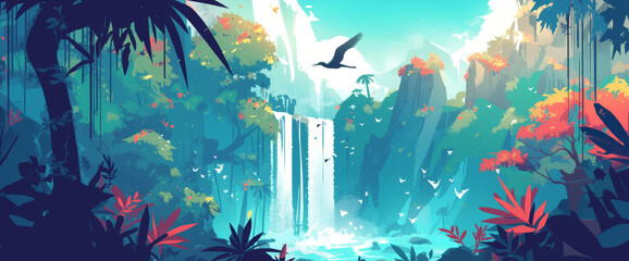Cute cartoon landscape of a lush rainforest, tall waterfalls and exotic birds, minimalist backgrounds, simple and colorful illustrations
