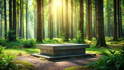 A serene forest setting with a small granite podium under dappled sunlight , forest, tranquil, serene, nature, granite