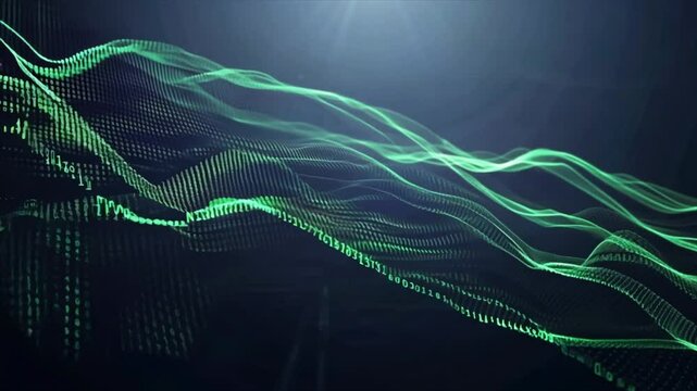 binary code streaming waves of light green digital information and data Generative AI