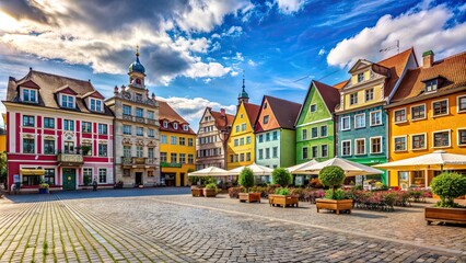 Naklejka premium A picturesque town with colorful buildings, cobblestone streets, and a bustling market square, picturesque