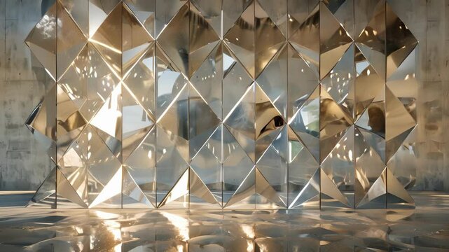 A room divider crafted from large mirrored diamonds reflecting light around the room.