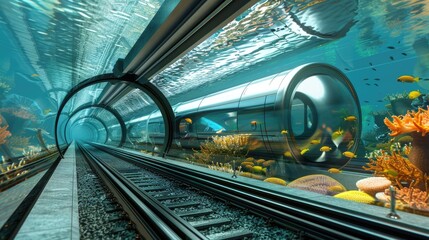 Fototapeta premium A high-speed underwater train tunnel connecting continents with a view of marine life