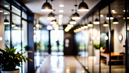 Fototapeta premium Office Corridor Blur - A long office corridor with lighting and decor, out of focus. 