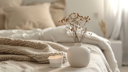 Cozy Bedroom Decor with Candle and Dried Flowers