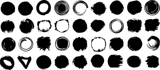 Fototapeta premium Grunge circle vector set, hand drawn rough circular brushstroke, abstract ink circle and round shape grungy texture