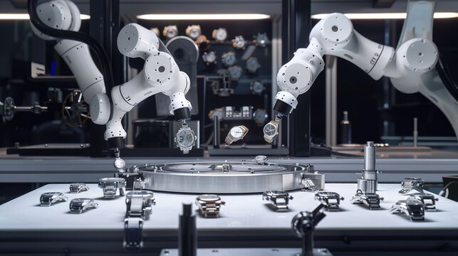 A precision-engineered watchmaking workshop with robotic arms assembling timepieces - Powered by Adobe