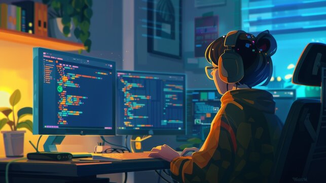 A woman is sitting at a desk with two computer monitors in front of her