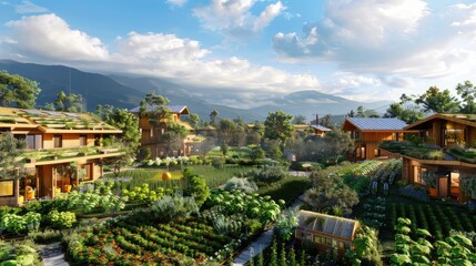 A self-sustaining eco-village with renewable energy sources and communal gardens