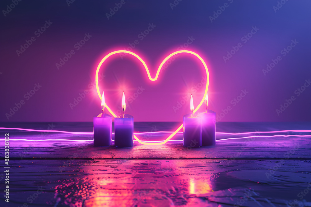 Wall mural Candle with heart neon light.