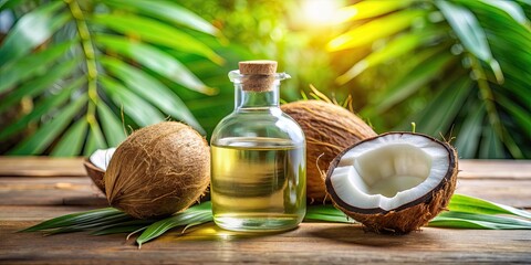 Coconuts and coconut oil in a clear glass bottle , coconuts, coconut oil, tropical, organic, healthy, natural, beauty, skincare