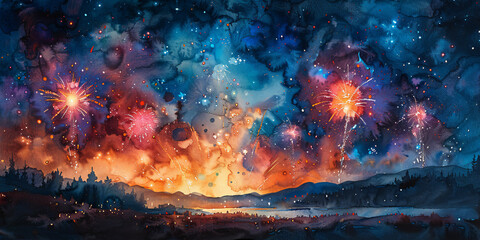 夜空に広がる花火の水彩画