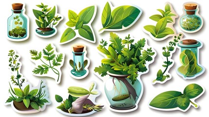 Whimsical Cartoon Sticker Series Depicting Summer Savory Herbs in Botanical