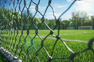 Soccer field and goal net as if viewed through the door, Depth of Field, photorealistic, 