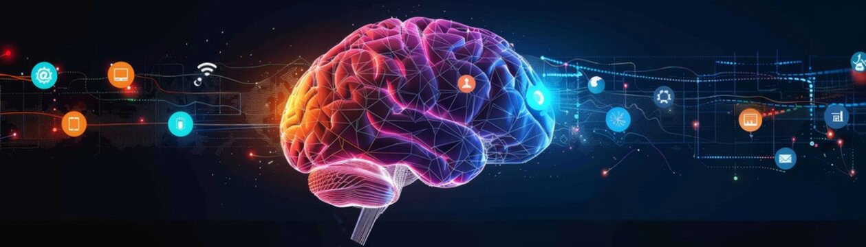 Abstract brain with colorful ideas and icons emerging, concept, imagination