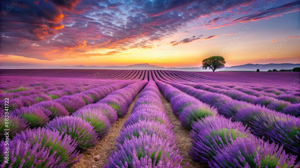 Poster Peaceful landscape of a lavender field stretching into the horizon, lavender, dreams, field, endless, purple, calming