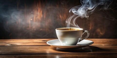 Obraz premium Steaming cup of coffee on a saucer, steam, beverage, drink, hot, aroma, morning, coffee break, espresso, latte, cappuccino