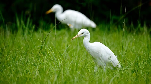 Egrets Foraging on the Grass