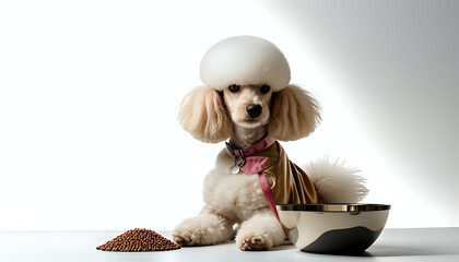 Pet dog poodle near a bowl of dry food on a light background
