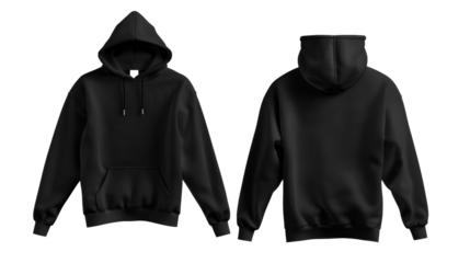 Black hoodie blank mockup template with front and back view, transparent background clothing design