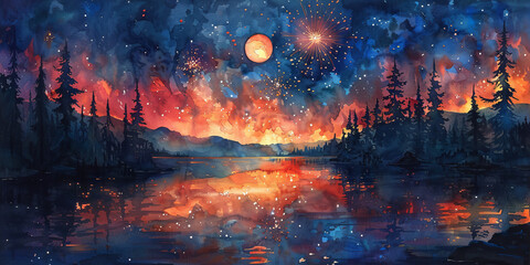 夜空に広がる花火の水彩画