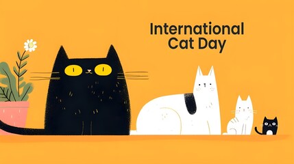 A banner for international cat day with cats of various breeds and colors