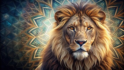 Majestic lion adorned in intricate geometric patterns, lion, regal, geometric, patterns, design, elegant, majestic